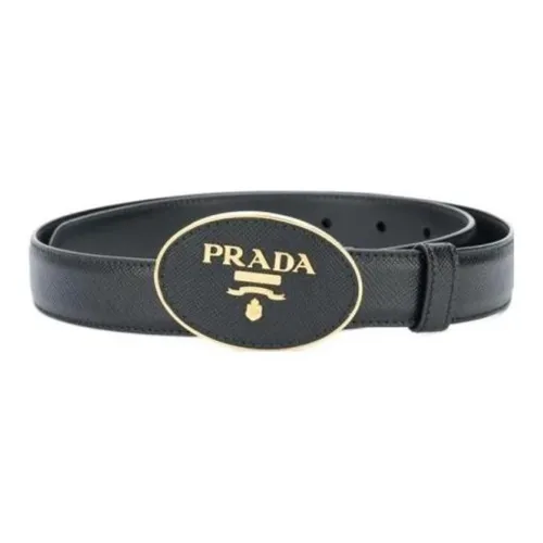 PRADA Logo Buckle Ring Leather Belts Women's Black Width  2.5CM