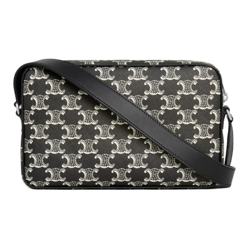 CELINE Triomphe Canvas With Calfskin Shoulder Bag, Crossbody Bag Medium Size Men's Black & White-2