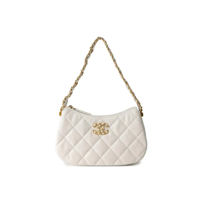 CHANEL Cow Leather Shoulder Bag, Hobo Bag, Handbag Women's White-0