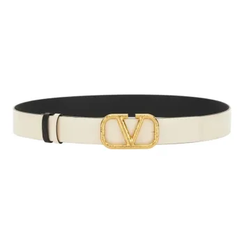 Valentino Logo Emblem Smooth Buckle Leather Belts Women's Beige Width 3.5CM