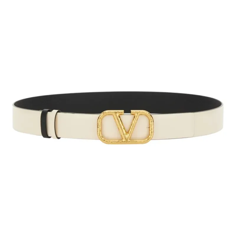 Valentino Logo Emblem Smooth Buckle Leather Belts Women's Beige Width 3.5CM-0