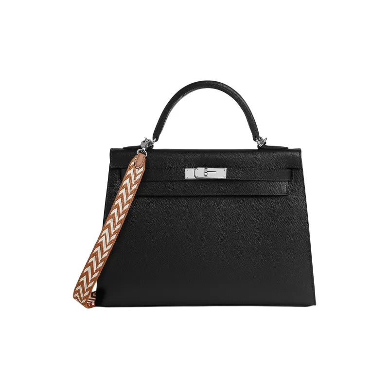 HERMES Kelly Pocket Zigzag Canvas With Swift Calfskin Bag Strap Women's Gold & White-5
