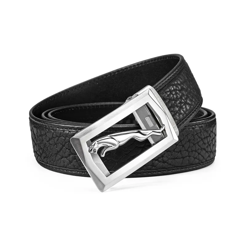 JAGUAR Trendy Fashion Cut Out Plate Buckle Cow Leather Leather Belts Men's Black Width  3.5cm-3