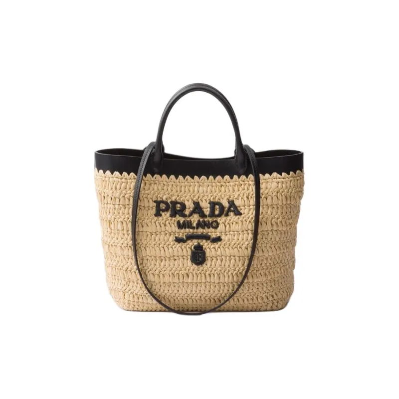 PRADA Woven Fabric With Leather Tote Bag Shopping Bag Shoulder Bag Crossbody Bag Handbag Mini Women's Tan & Black-0