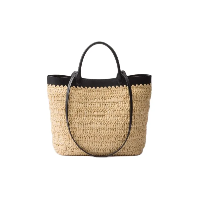 PRADA Woven Fabric With Leather Tote Bag Shopping Bag Shoulder Bag Crossbody Bag Handbag Mini Women's Tan & Black-3