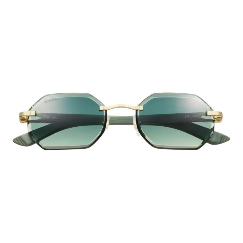 CARTIER Gold Plated Metal Wooden Irregular Shape Sunglasses Unisex Green-1