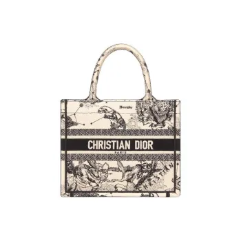 DIOR Embroidery Tote Bag Shopping Bag Handbag Small Size Women's Latte & Black