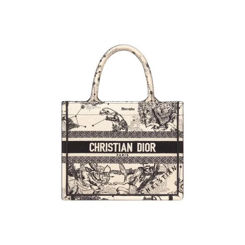 DIOR Embroidery Tote Bag Shopping Bag Handbag Small Size Women's Latte & Black-0