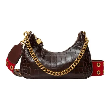 TORY BURCH MERCER Embossed Leather Handbag, Shoulder Bag, Crossbody Bag Medium Size Women's Dark Mahogany