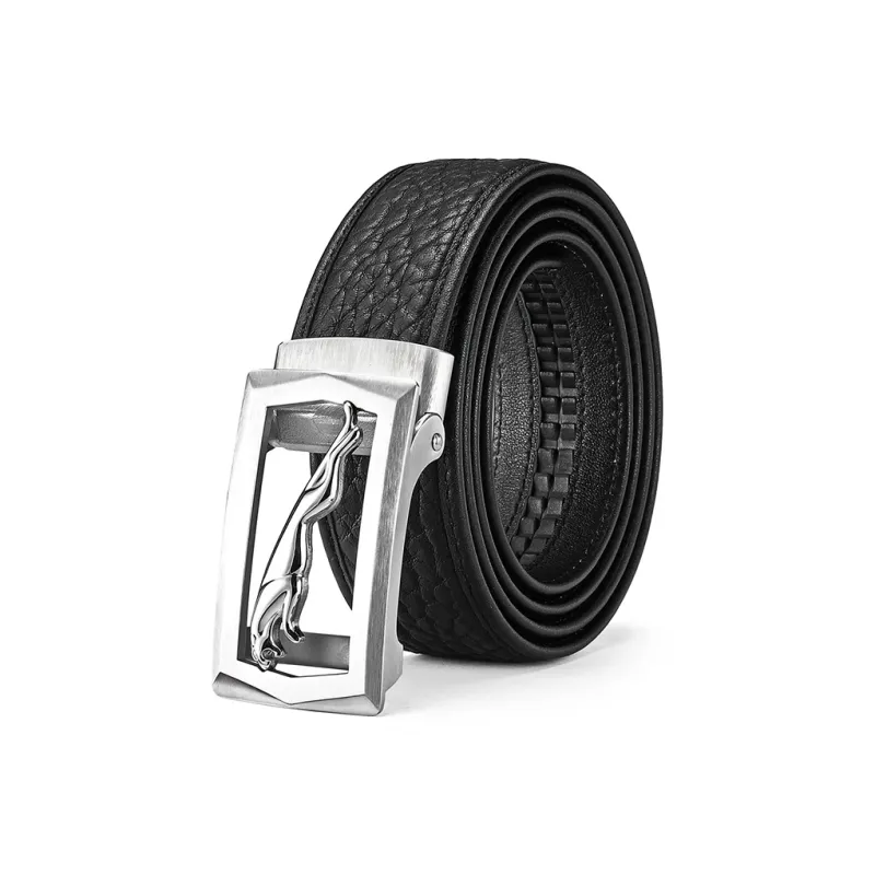 JAGUAR Trendy Fashion Cut Out Plate Buckle Cow Leather Leather Belts Men's Black Width  3.5cm-1