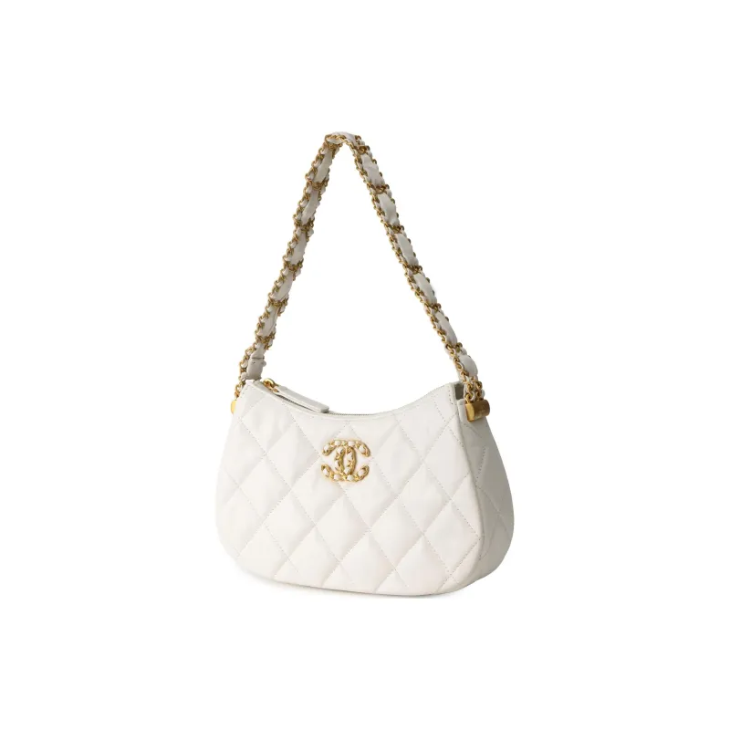 CHANEL Cow Leather Shoulder Bag, Hobo Bag, Handbag Women's White-1