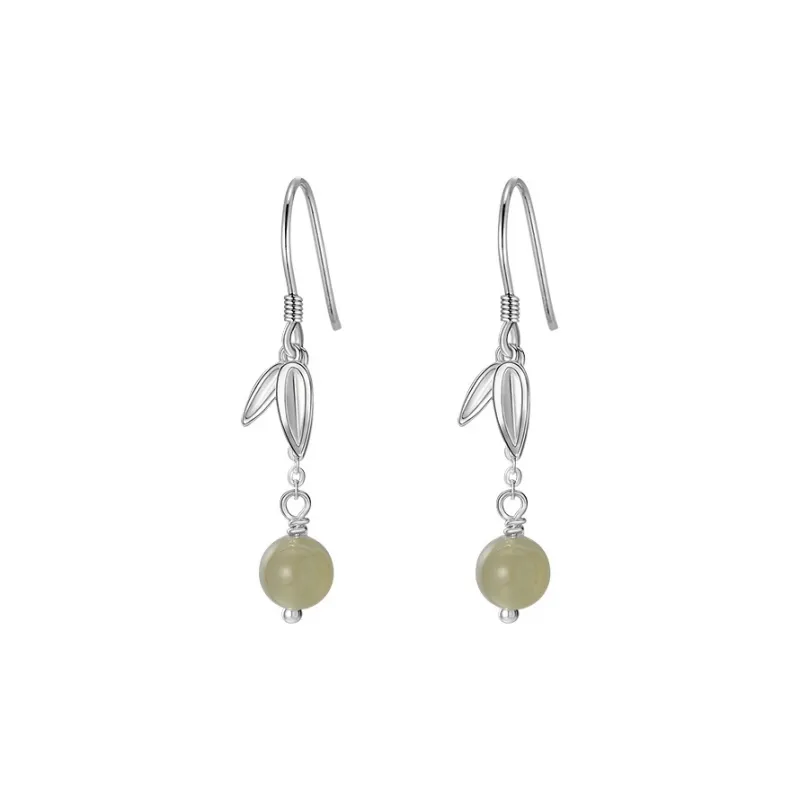 Mini&yaya S999 Fine Silver Hetian Jade Earrings Women's Pale Greenish White Jade-0