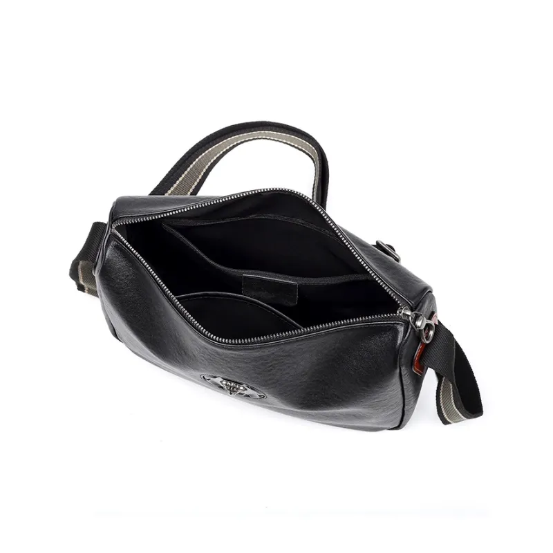 Old Man's Head Top Grain Cow Leather Shoulder Bag, Crossbody Bag Regular Men's Black-5