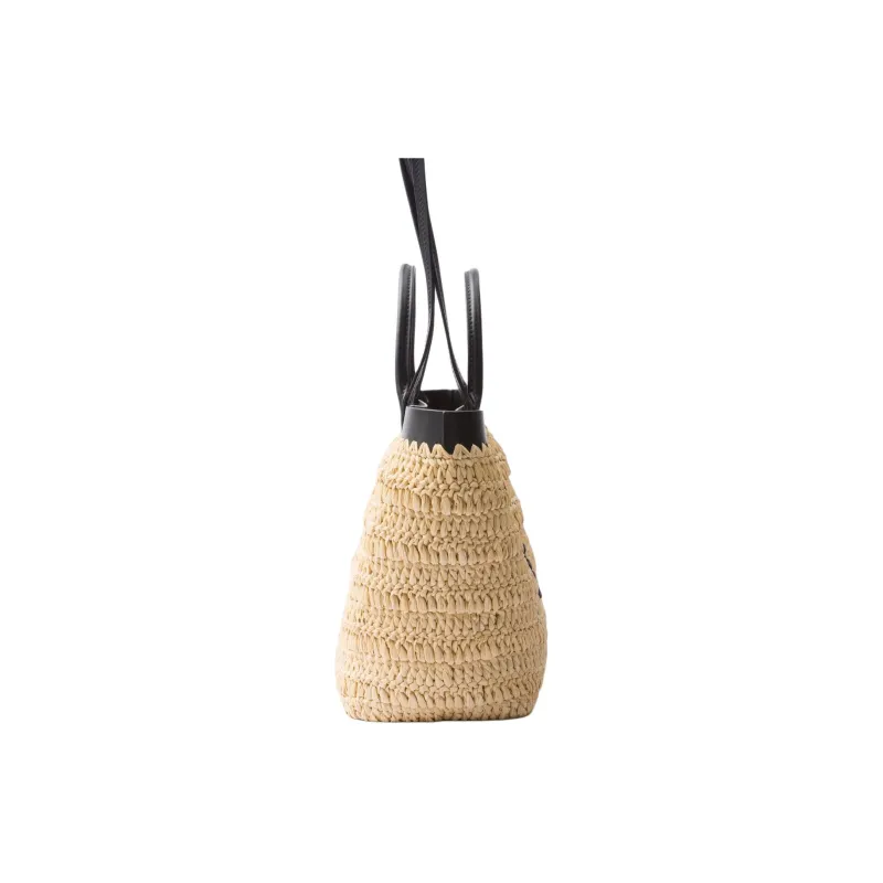PRADA Woven Fabric With Leather Tote Bag Shopping Bag Shoulder Bag Crossbody Bag Handbag Mini Women's Tan & Black-2
