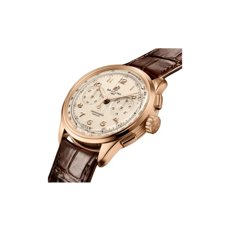 BREITLING Puya Manual Mechanical Movement Men's Watch Beige Watch Dial 18K Red Gold Watch Case Genuine Leather Strap-2