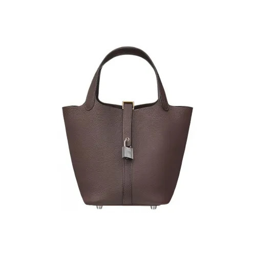 HERMES Picotin Lock Barenia Faubourg Saddle Leather Basket Bag Handbag Bucket Bag Women's 46 Ebony Wood Color