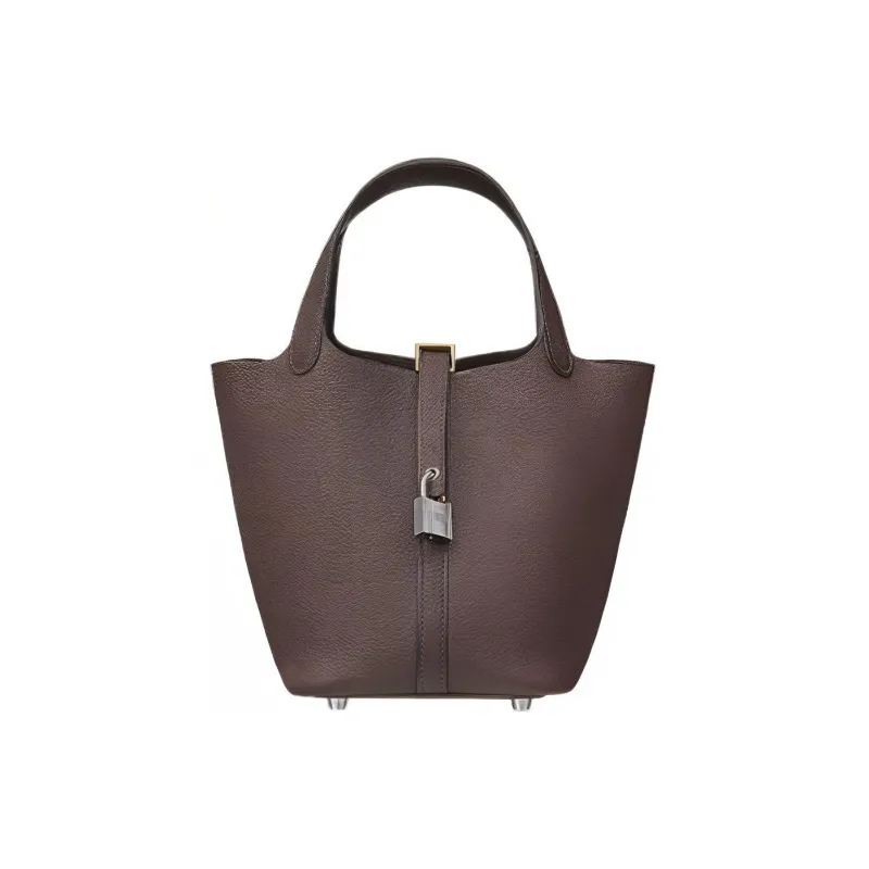 HERMES Picotin Lock Barenia Faubourg Saddle Leather Basket Bag Handbag Bucket Bag Women's 46 Ebony Wood Color-0