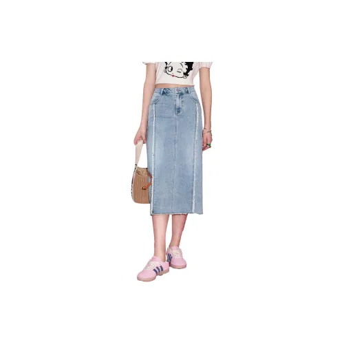 ELF SACK Denim Long Skirts Women's Light Blue Denim