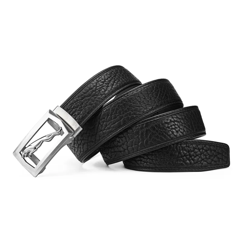 JAGUAR Trendy Fashion Cut Out Plate Buckle Cow Leather Leather Belts Men's Black Width  3.5cm-4