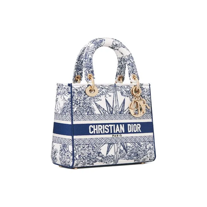 DIOR Lady D-Lite Embroidery Daisie Bag Shoulder Bag Crossbody Bag Handbag Medium Size Women's Blue-1