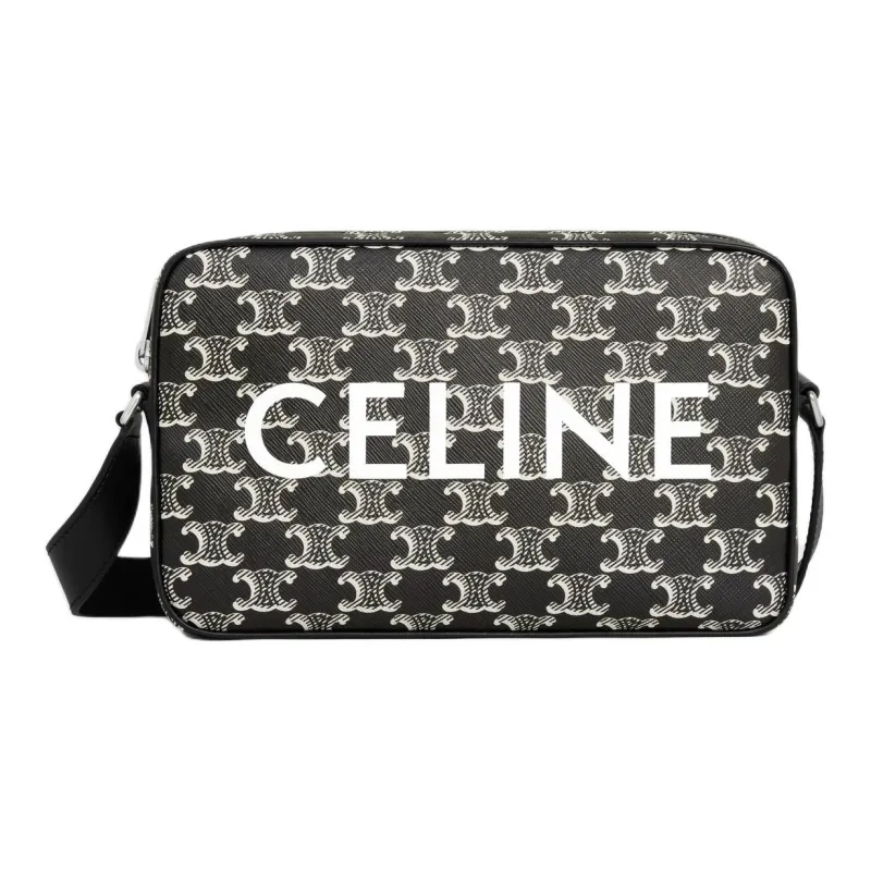CELINE Triomphe Canvas With Calfskin Shoulder Bag, Crossbody Bag Medium Size Men's Black & White-0