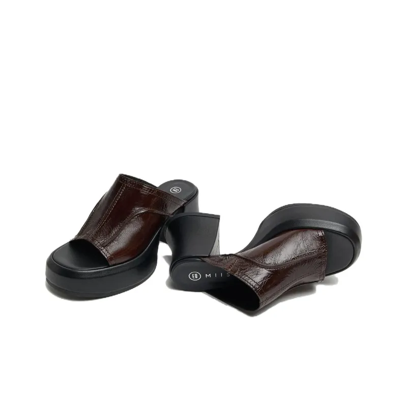 MIISTA Slide Slippers 8cm Women's Brown-2
