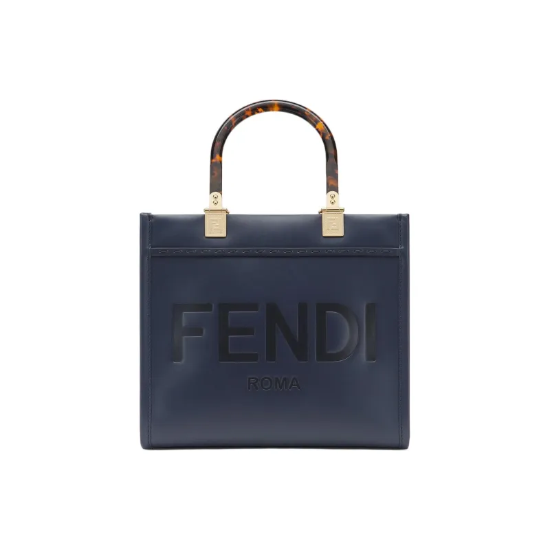 FENDI Sunshine Leather Tote Bag Shopping Bag Shoulder Bag Handbag Small Size Women's Blue-0