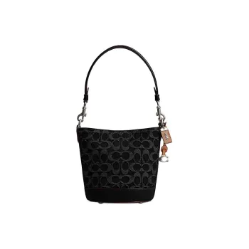 COACH Dakotah Fabric Cow Leather Patchwork Bucket Bags Shoulder Bag Crossbody Bag Handbag Small Size Women's Black
