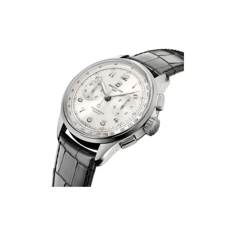 BREITLING Manual Mechanical Movement Men's Watches Watch 40mm Silver Dial Stainless Steel Case Crocodile Leather Strap-3