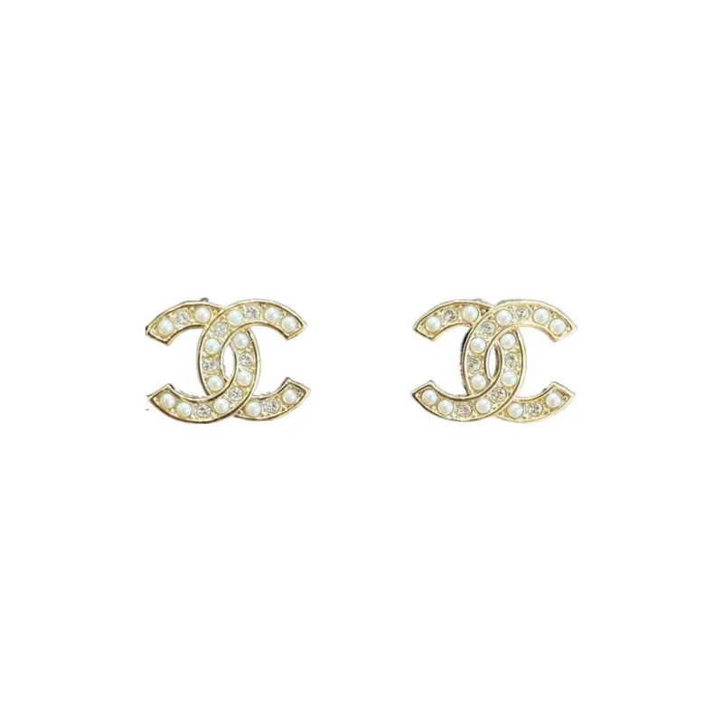 CHANEL Pearl Rhinestone Stud Earrings Women's Silver-0