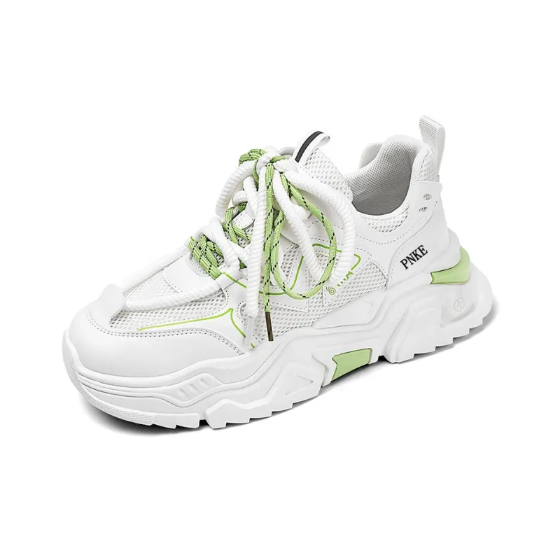 PNKE Anti-Slip Wear-Resistant Breathable Height Increasing Low-Top Chunky Sneakers Men's White Green-1
