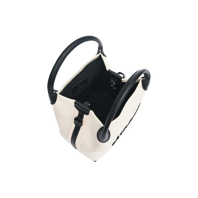 CHRISBELLA Fabric With Split Cow Leather Bucket Bag, Shoulder Bag, Crossbody Bag Small Size Unisex Black-5