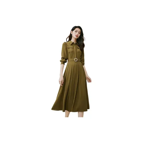 Late White Long-Sleeved Dresses Women's Brown Yellow