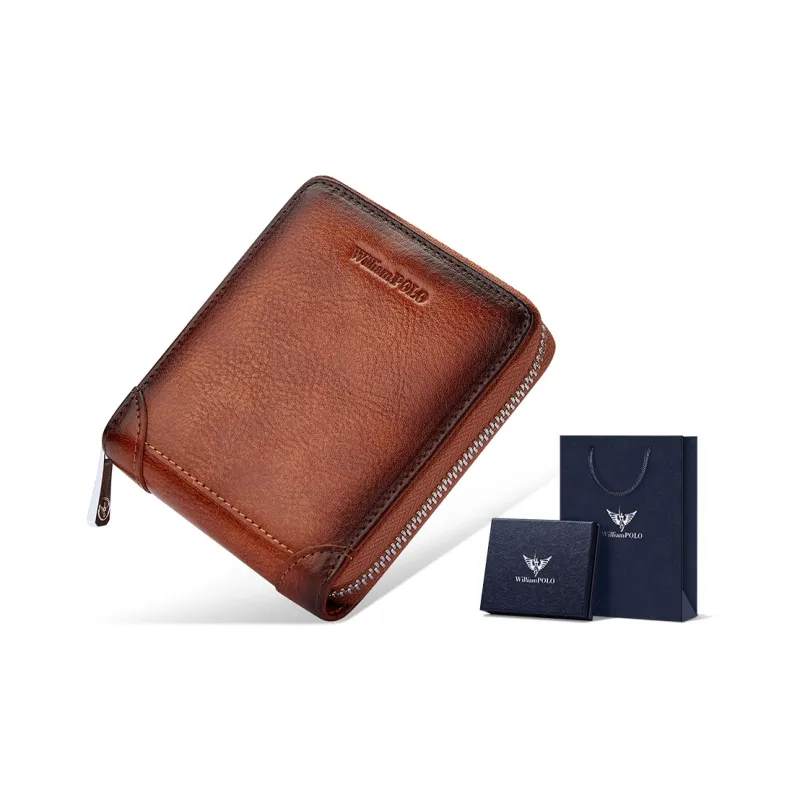 WilliamPOLO Top Grain Cow Leather Zip Closure Coin Purse Multifunction Wallet Card Holder Small Size Men's Multicolor-5