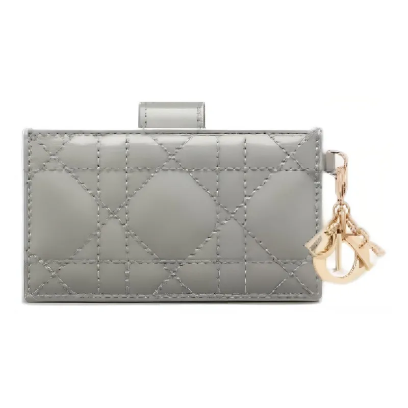 DIOR Lady Dior Cow Leather Wicker Pattern Coin Purse Card Clip Card Holder Women's Rock Gray-2