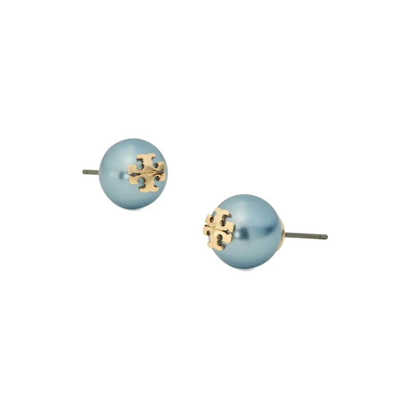 TORY BURCH Brass Faux Pearl Titanium Stud Earrings Women's Blue-1