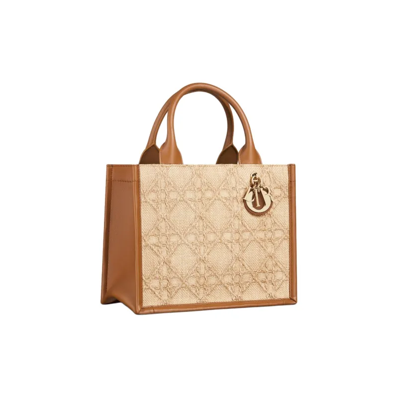 DIOR BookTote Wicker Pattern Raffia Grass Shoulder Bag Crossbody Bag Handbag Small Size Women's Beige-1