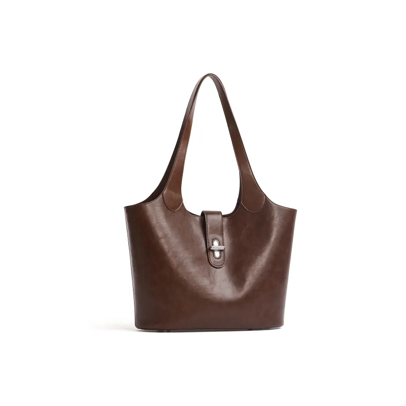 Cthulhu Cow Leather Advanced One Shoulder Handheld Tote For Strolling Large Size Women's Brown/Greige-2