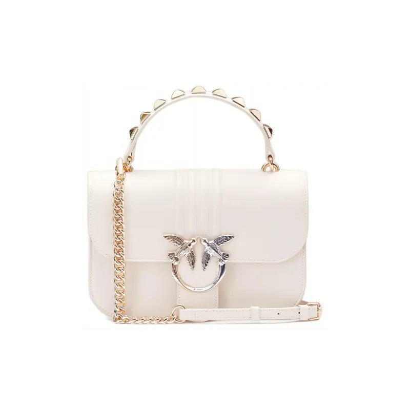 PINKO Cow Leather Swallow Bag, Portable Crossbody Bag, Shoulder Bag Medium Size Women's White-0
