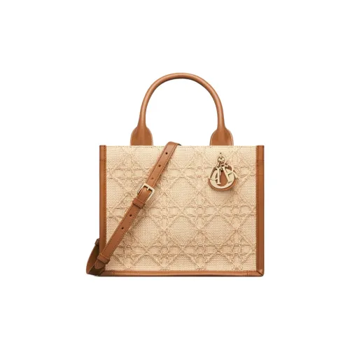 DIOR BookTote Wicker Pattern Raffia Grass Shoulder Bag Crossbody Bag Handbag Small Size Women's Beige