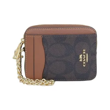COACH Card Case Coated Canvas With Leather Wallets Card Holders Mini Women's Brown