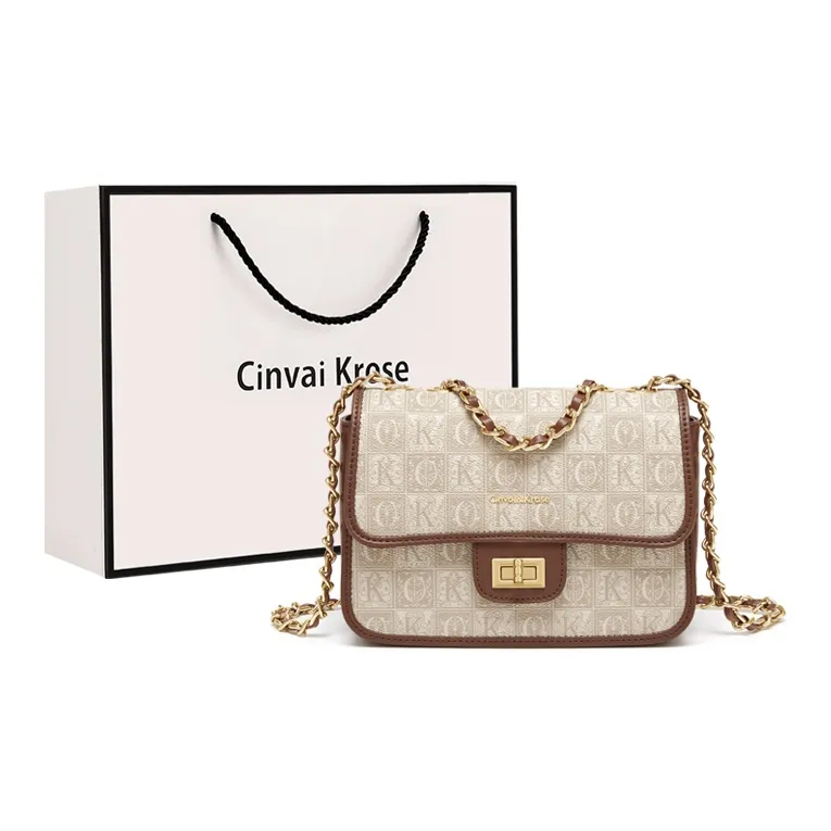 CinvaiKrose PVC With Synthetic Leather Shoulder Bag, Crossbody Bag, Chain Shoulder Bag Small Size Women's Khaki & Brown-0