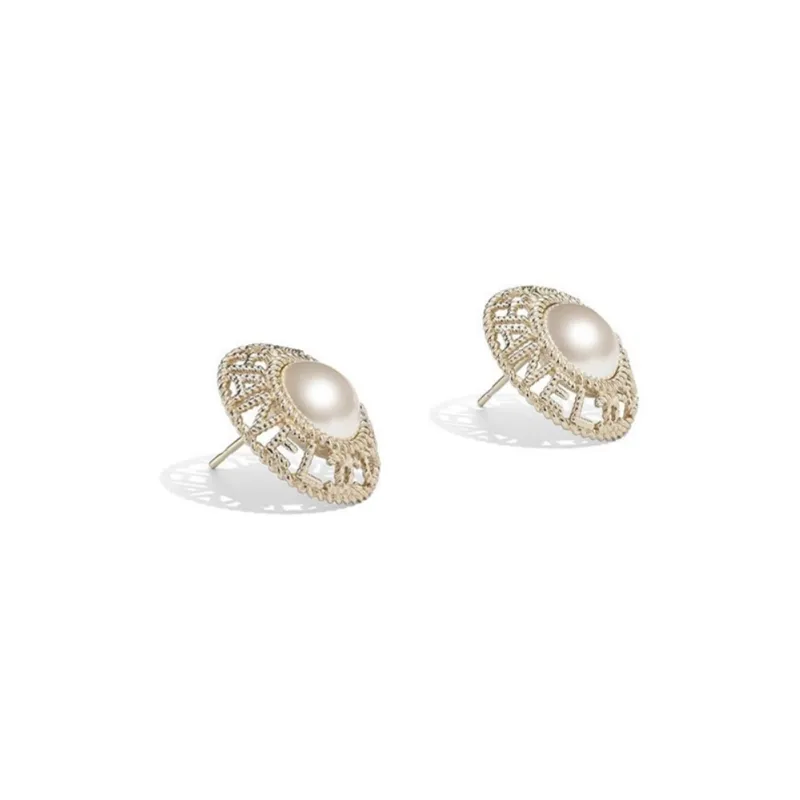 CHANEL 2019 Silver Plated Pearl Push Back Costume Earrings-1
