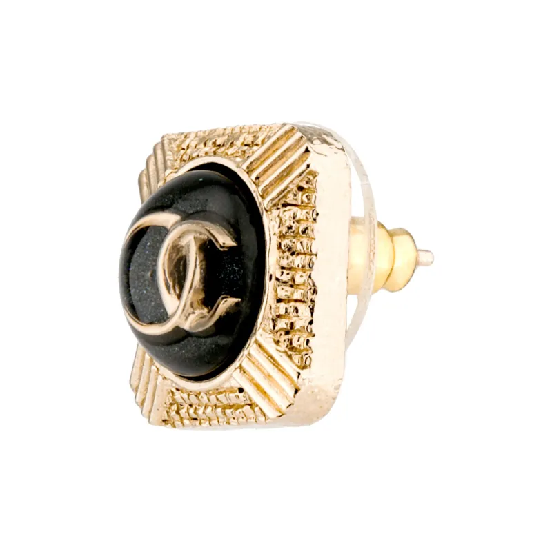 CHANEL Square Stud Earrings Women's Gold Black-1