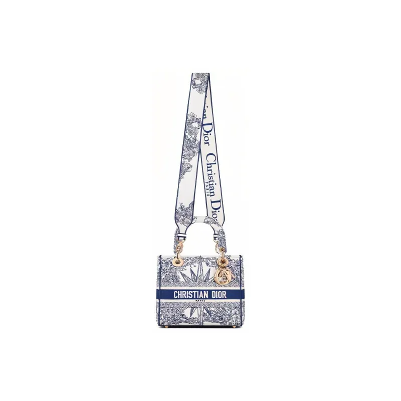 DIOR Lady D-Lite Embroidery Daisie Bag Shoulder Bag Crossbody Bag Handbag Medium Size Women's Blue-3