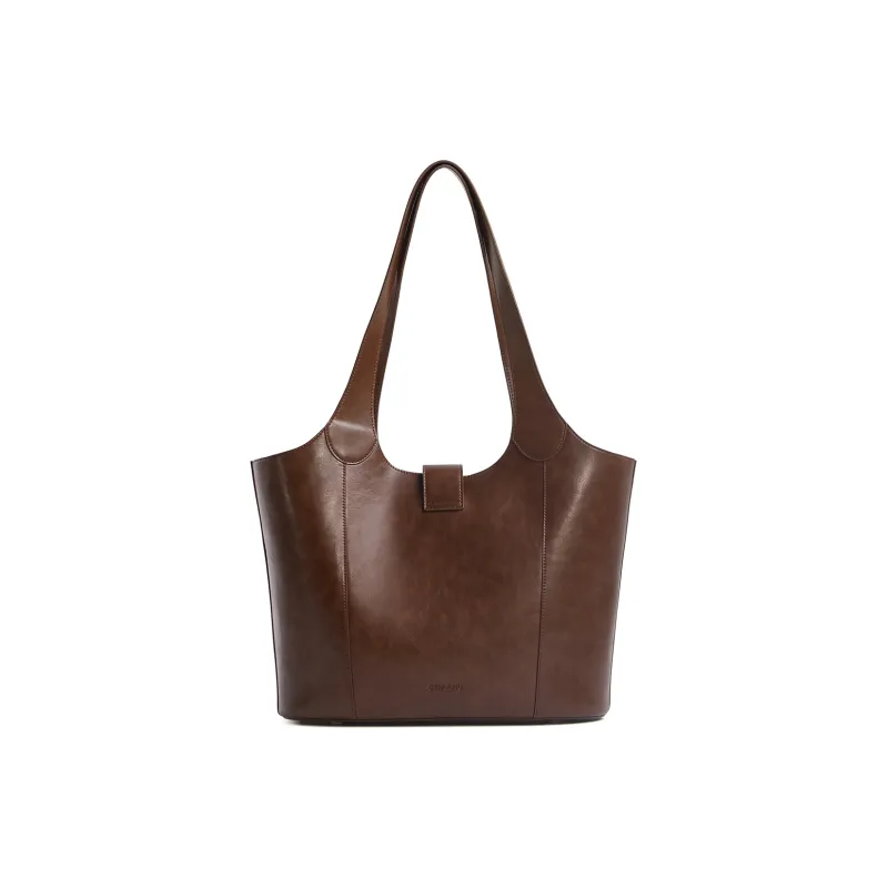 Cthulhu Cow Leather Advanced One Shoulder Handheld Tote For Strolling Large Size Women's Brown/Greige-3