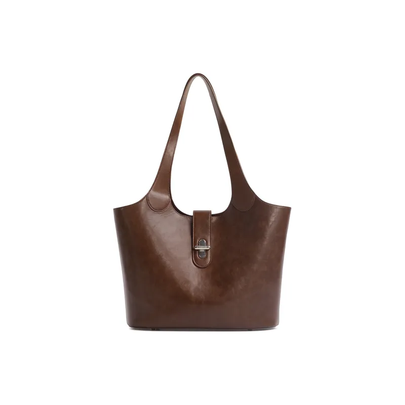 Cthulhu Cow Leather Advanced One Shoulder Handheld Tote For Strolling Large Size Women's Brown/Greige-1