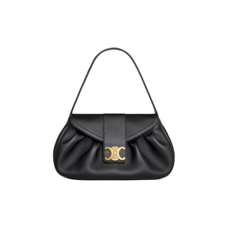 CELINE Soft Cow Leather One Shoulder Handbag Medium Size Women's Black-0
