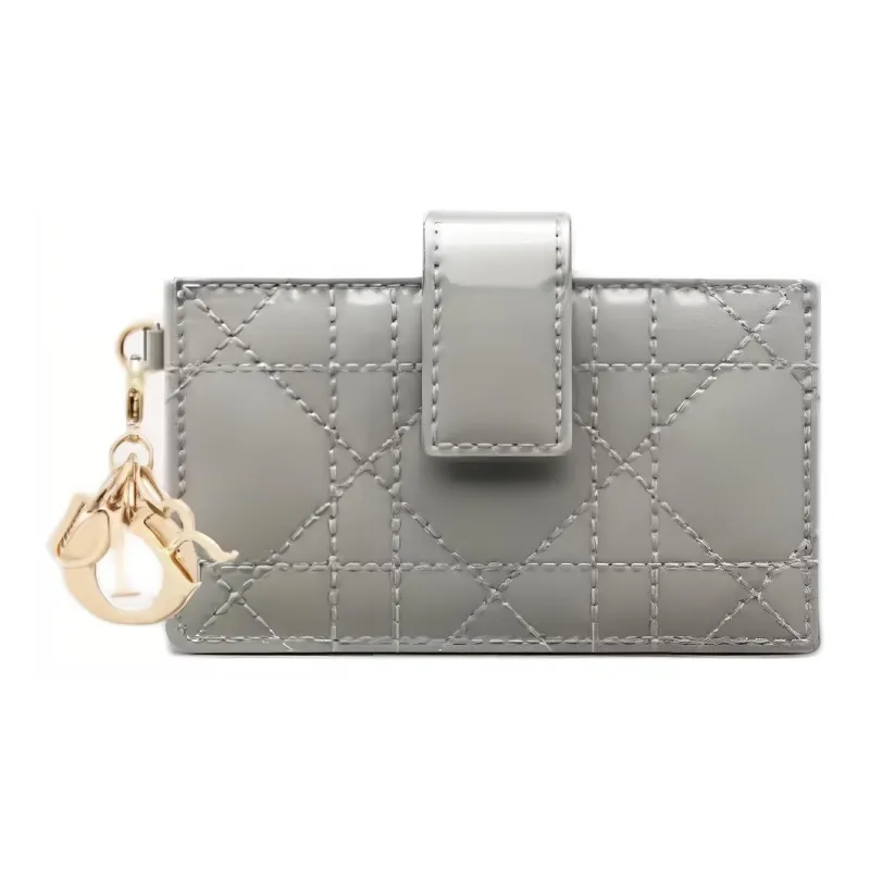 DIOR Lady Dior Cow Leather Wicker Pattern Coin Purse Card Clip Card Holder Women's Rock Gray-3