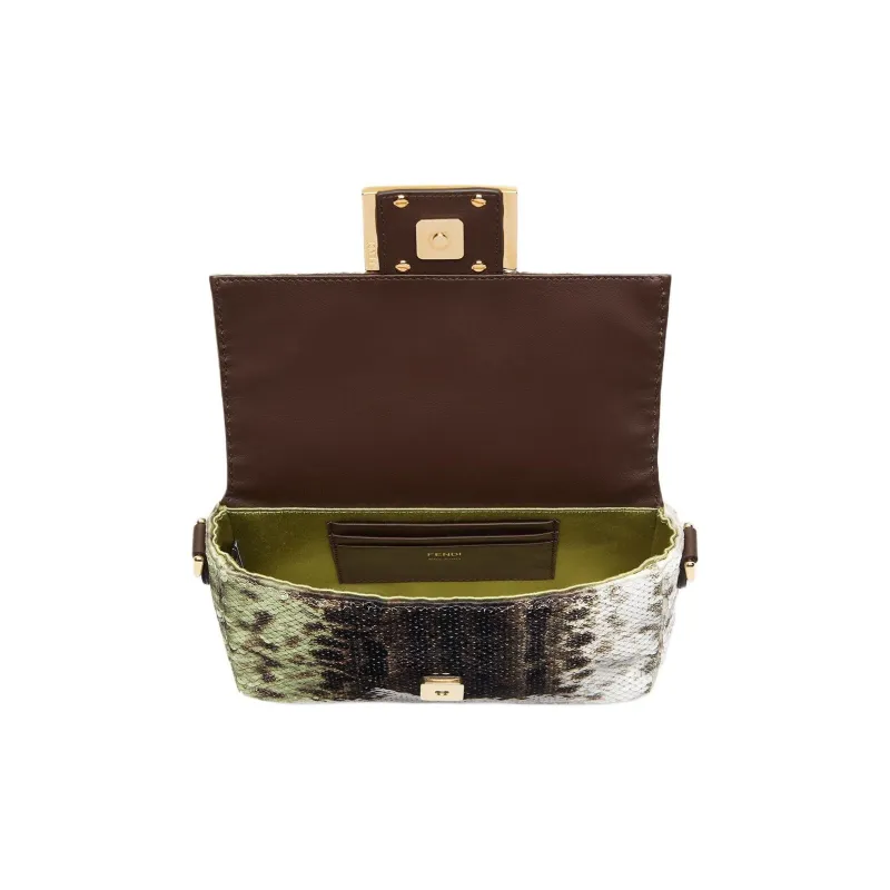 FENDI Baguette Leather Shoulder Bag Crossbody Bag Mini Women's Green/White/Brown-3